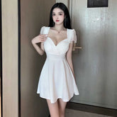 2025 Summer Women's Sexy Mature Lace spliced Short Sleeve Deep V Low cut Fashion Waist retraction Solid color A-line Dress 2ZW6